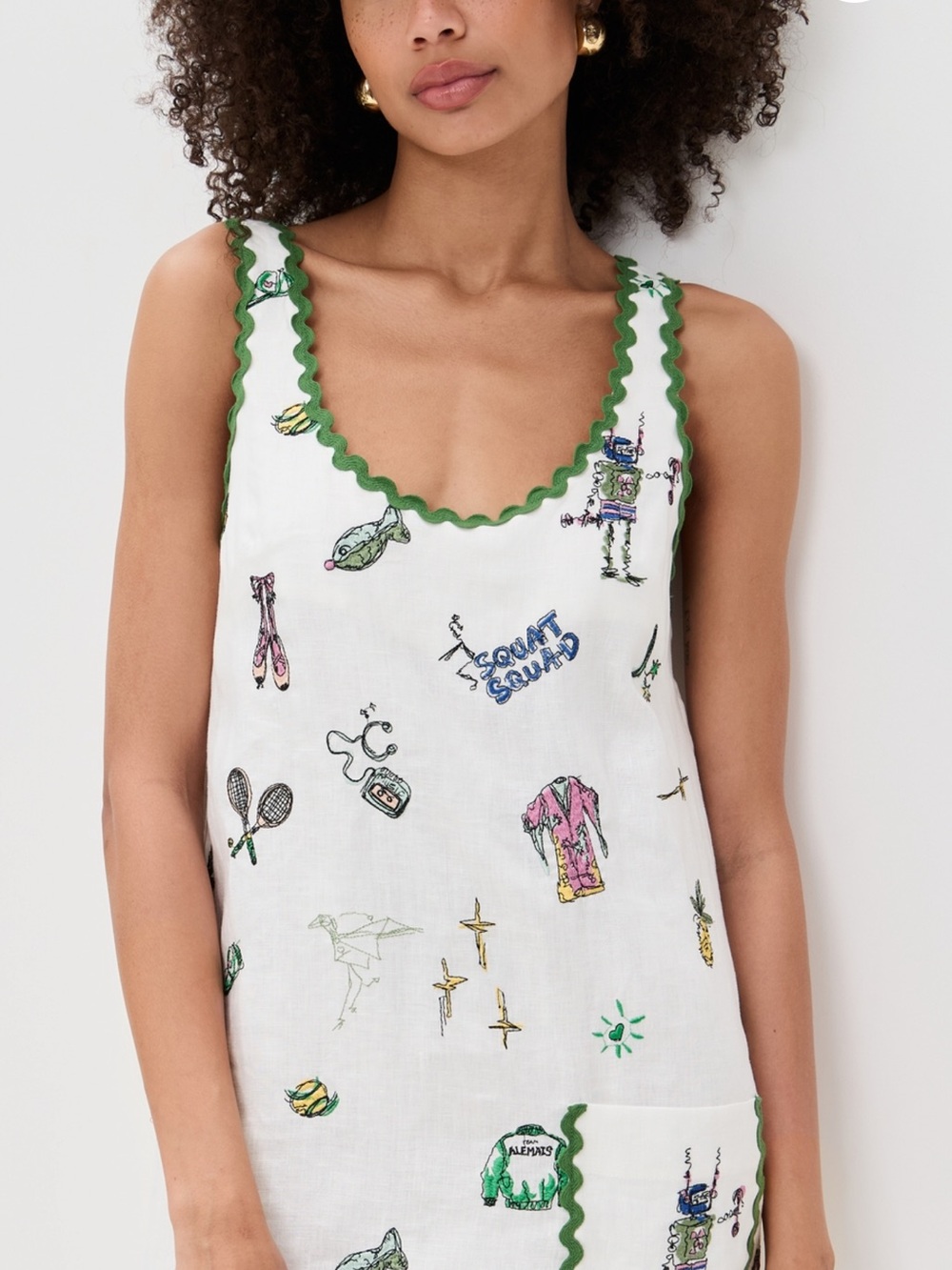Alemais White Linen Scoop Tank with Green Scalloped Trim and Multicolor Motifs